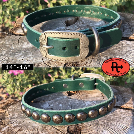 14"-16" Dog Collar 3/4" Wide Turquoise Leather with Antique Silver Buckle and Sunburst Dots