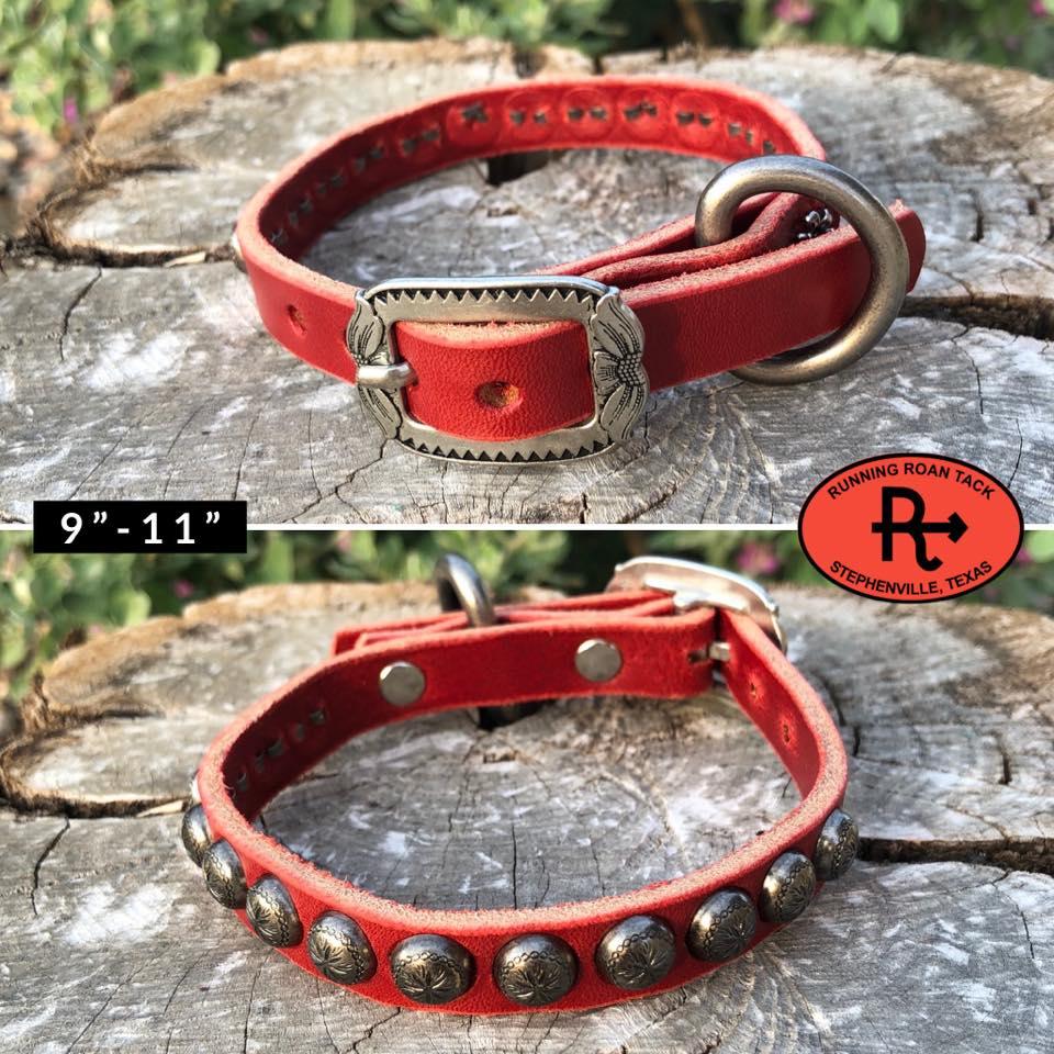 9"-11" Dog Collar 1/2" Wide Red Leather with Antique Silver Buckle and Dots