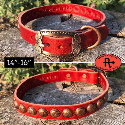 14"-16" Dog Collar 3/4" Wide Red Leather with Copper Buckle and Sunburst Dots