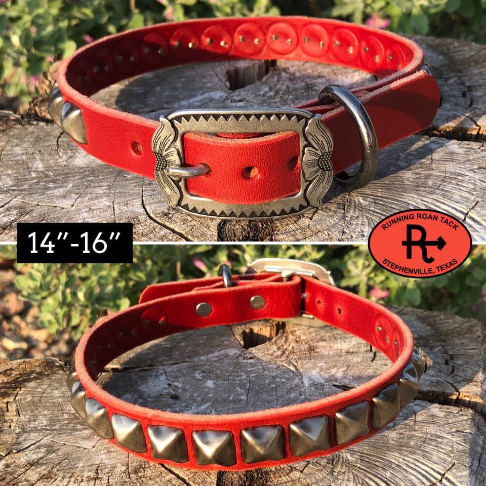 14"-16" Dog Collar 3/4" Wide Red Leather with Antique Silver Buckle and Pyramid Dots