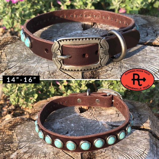 14"-16" Dog Collar 3/4" Wide Chocolate Leather with Antique Silver Buckle and Turquoise Dots