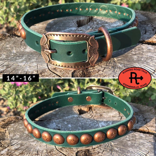 14"-16" Dog Collar 3/4" Wide Turquoise Leather with Copper Buckle and Star Dots