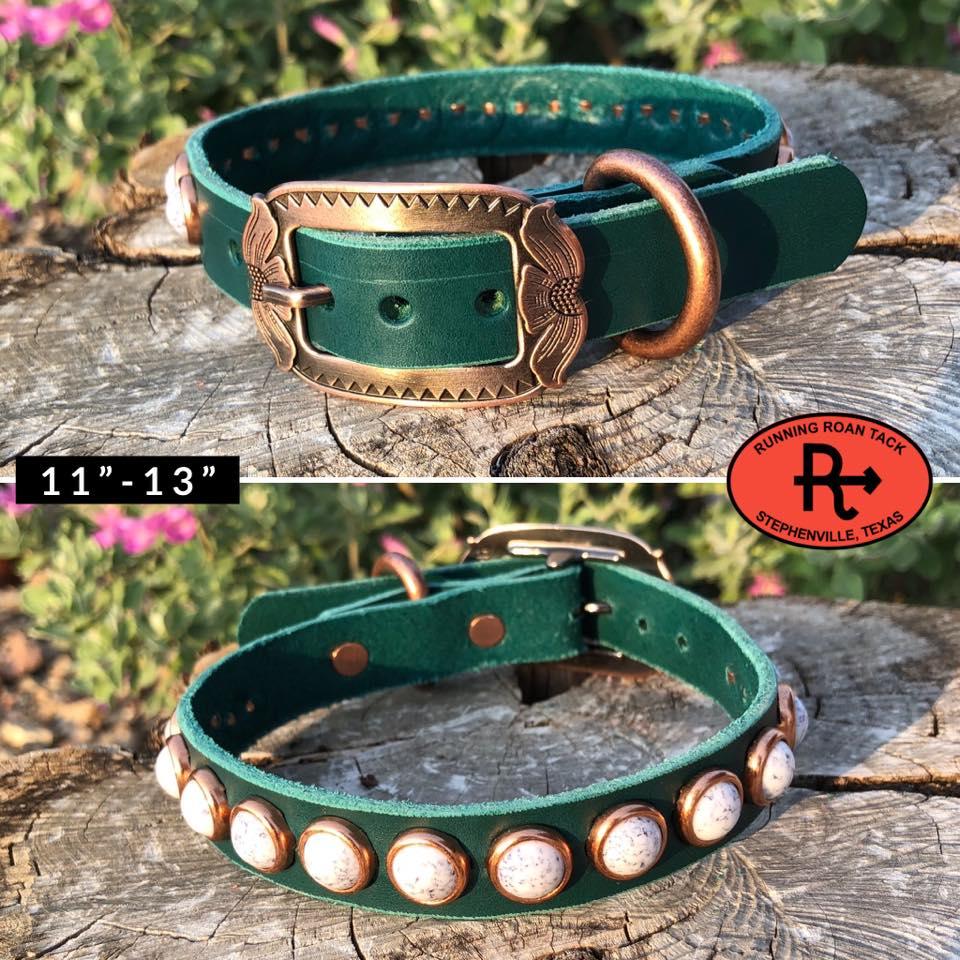 11"-13" Dog Collar 3/4" Wide Turquoise Leather with Copper Buckle and White Marble Dots