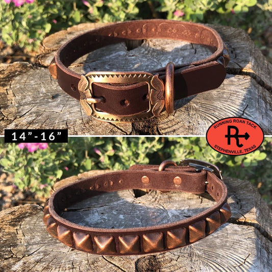 14"-16" Dog Collar 3/4" Wide Chocolate Leather with Copper Buckle and Pyramid Dots