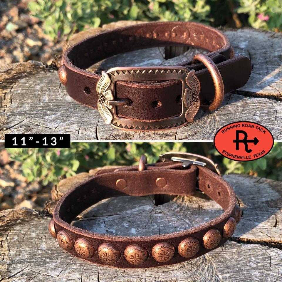 11"-13" Dog Collar 3/4" Wide Chocolate Leather with Copper Buckle and Sunburst Dots