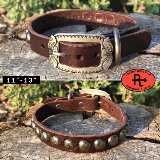 11"-13" Dog Collar 3/4" Wide Chocolate Leather with Antique Silver Buckle and Sunburst Dots