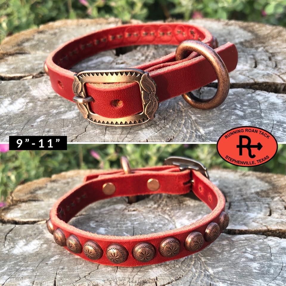 9"-11" Dog Collar 1/2" Wide Red Leather with Copper Buckle and Dots