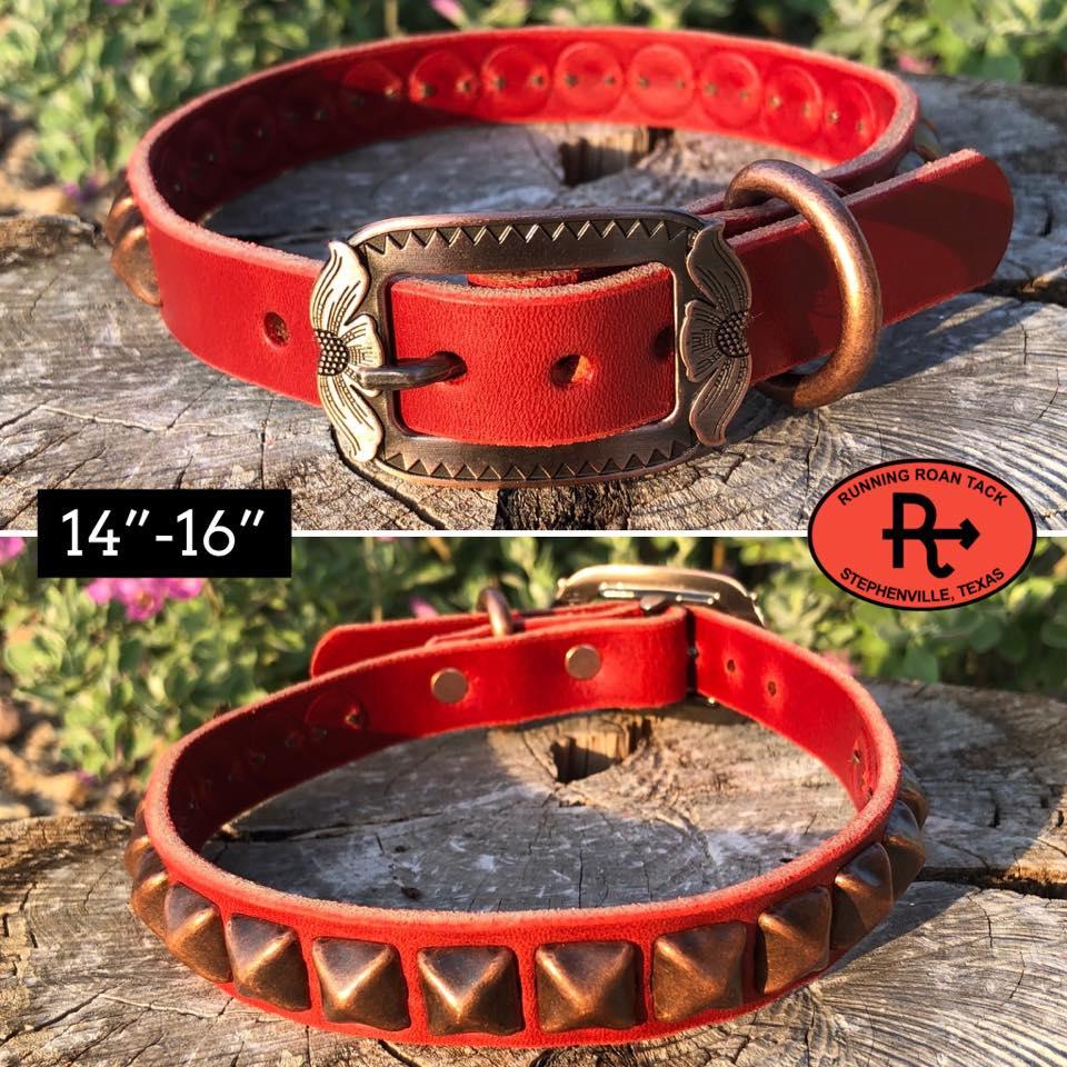 14"-16" Dog Collar 3/4" Wide Red Leather with Copper Buckle and Pyramid Dots