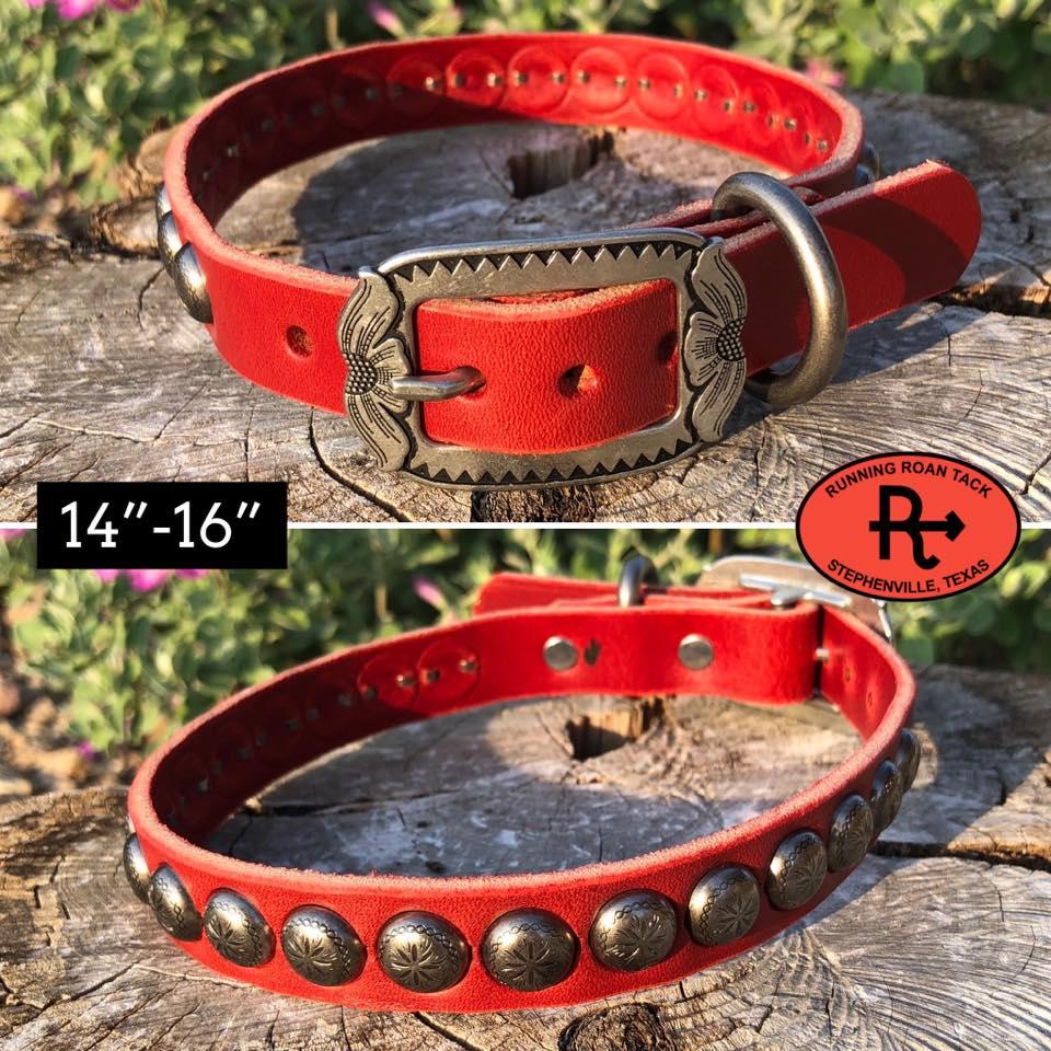 14"-16" Dog Collar 3/4" Wide Red Leather with Antique Silver Buckle and Sunburst Dots