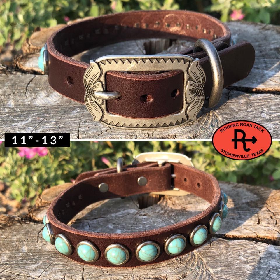 11"-13" Dog Collar 3/4" Wide Chocolate Leather with Antique Silver Buckle and Turquoise Dots