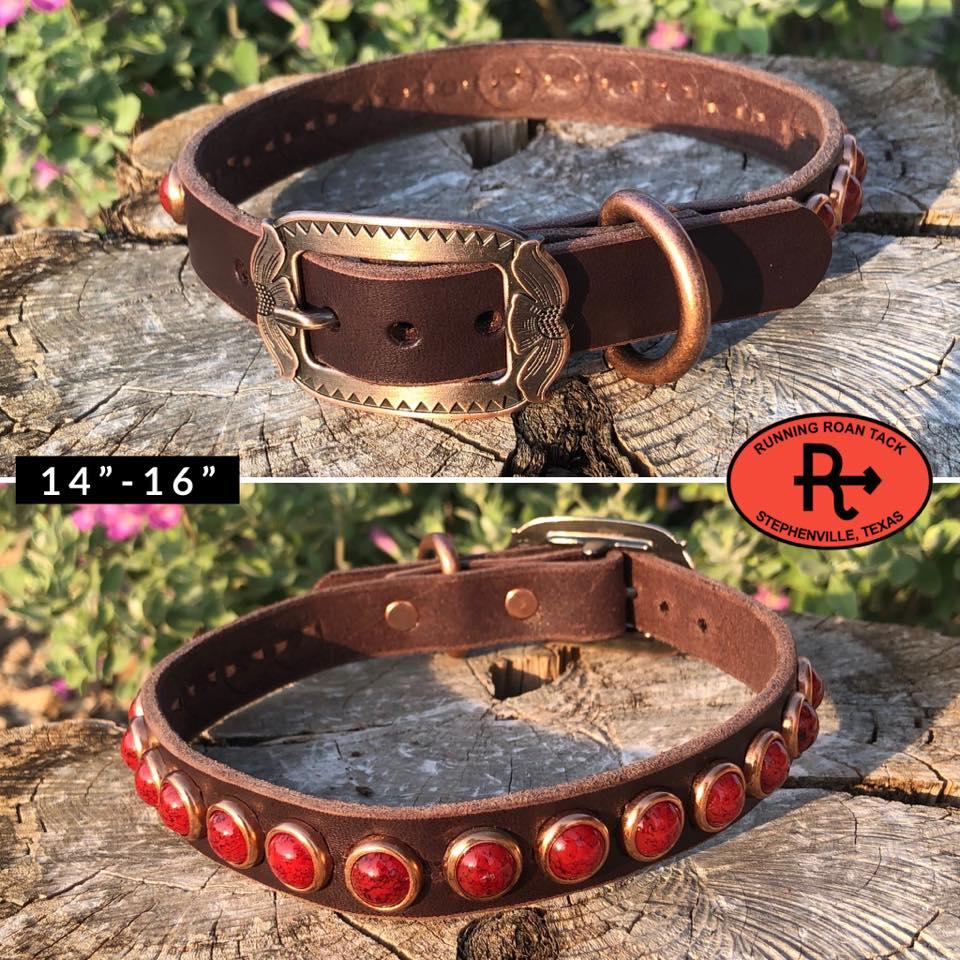 14"-16" Dog Collar 3/4" Wide Chocolate Leather with Copper Buckle and Coral Dots