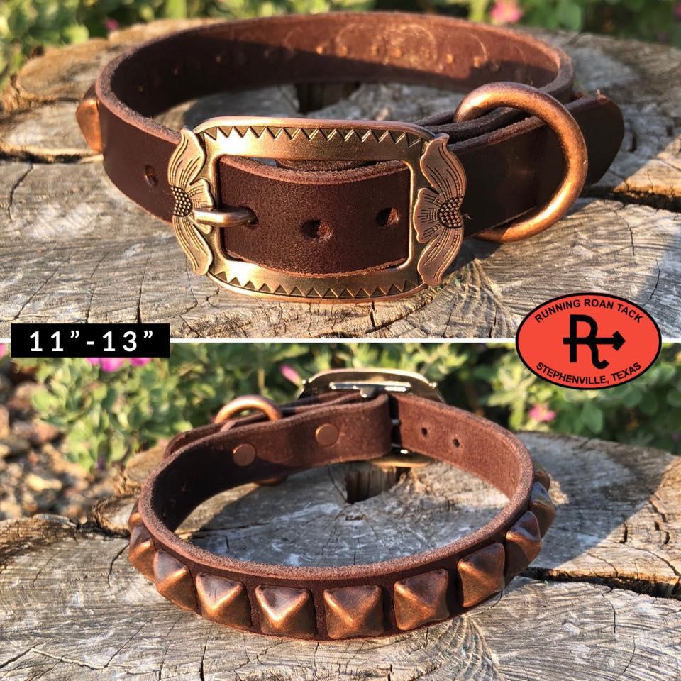 11"-13" Dog Collar 3/4" Wide Chocolate Leather with Copper Buckle and Pyramid Dots