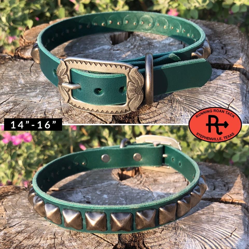 14"-16" Dog Collar 3/4" Wide Turquoise Leather with Antique Silver Buckle and Pyramid Dots