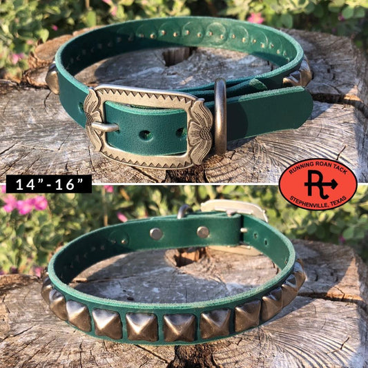 14"-16" Dog Collar 3/4" Wide Turquoise Leather with Antique Silver Buckle and Pyramid Dots