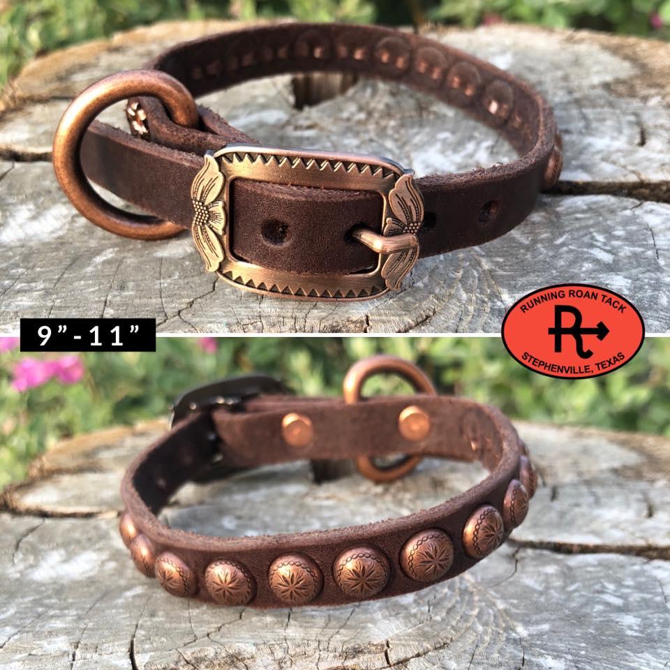 9"-11" Dog Collar 1/2" Wide Chocolate Leather with Copper Buckle and Dots