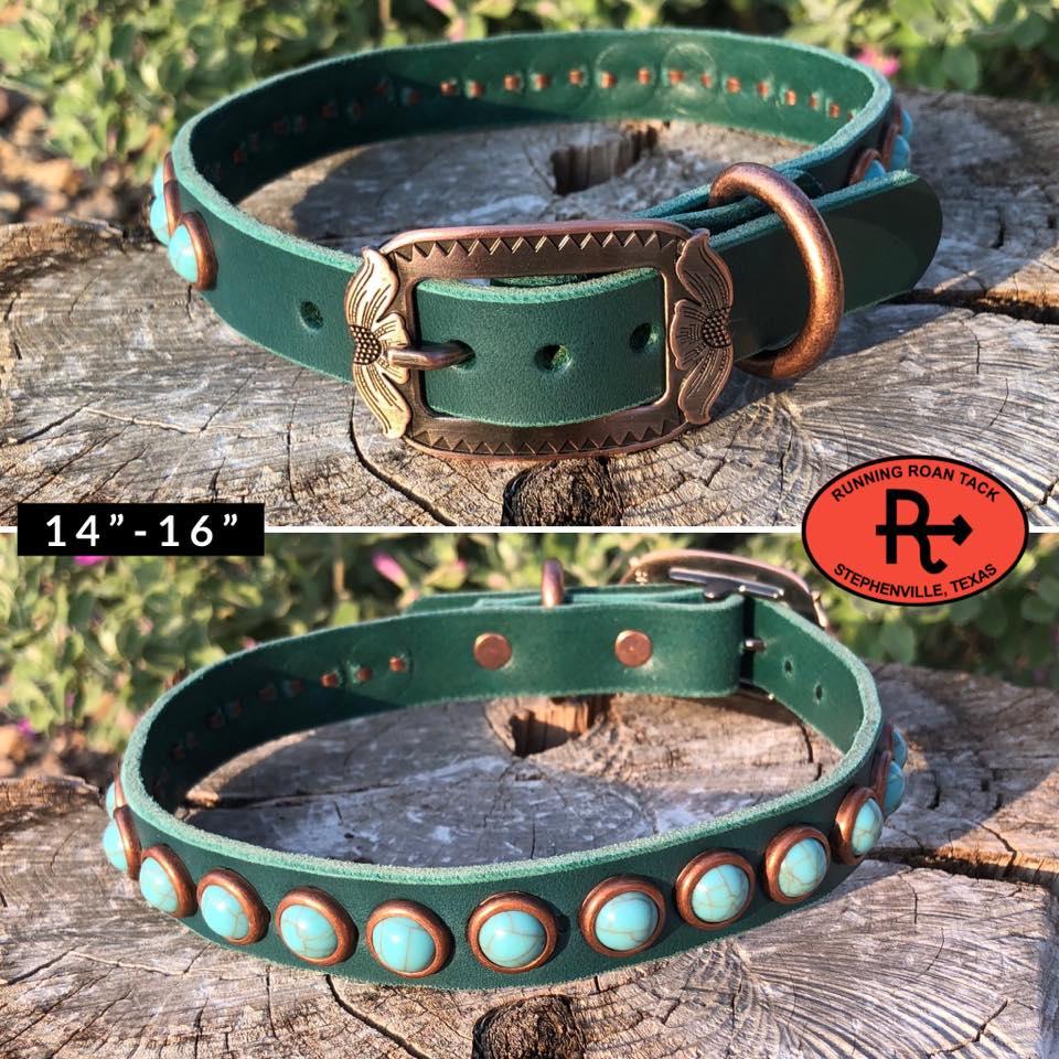 14"-16" Dog Collar 3/4" Wide Turquoise Leather with Copper Buckle and Turquoise Dots