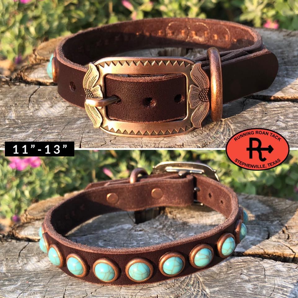 11"-13" Dog Collar 3/4" Wide Chocolate Leather with Copper Buckle and Turquoise Dots