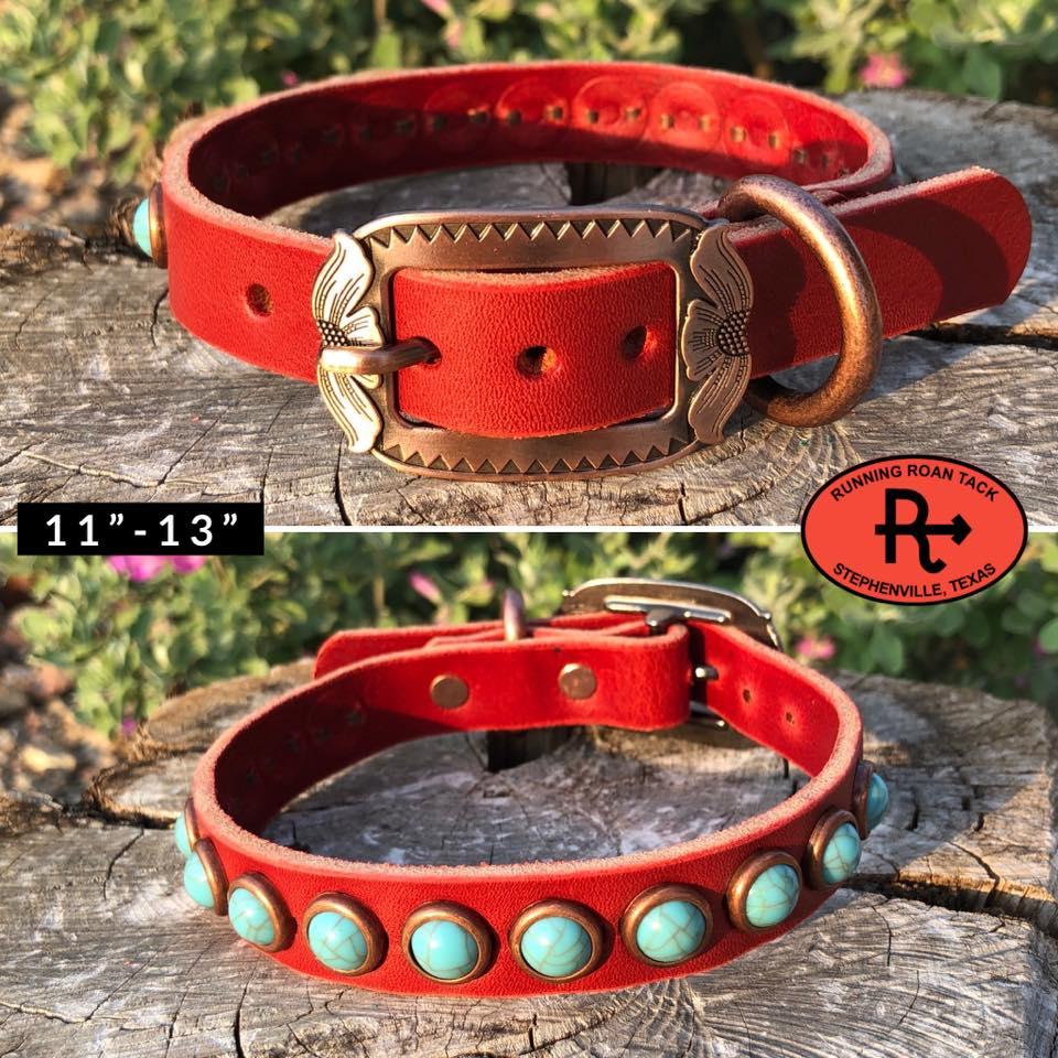 11"-13" Dog Collar 3/4" Wide Red Leather with Copper Buckle and Turquoise Dots