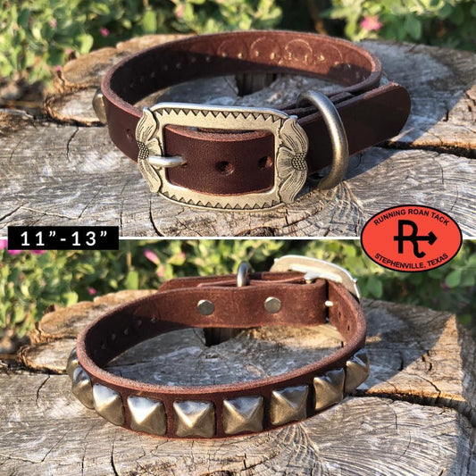 11"-13" Dog Collar 3/4" Wide Chocolate Leather with Antique Silver Buckle and Pyramid Dots