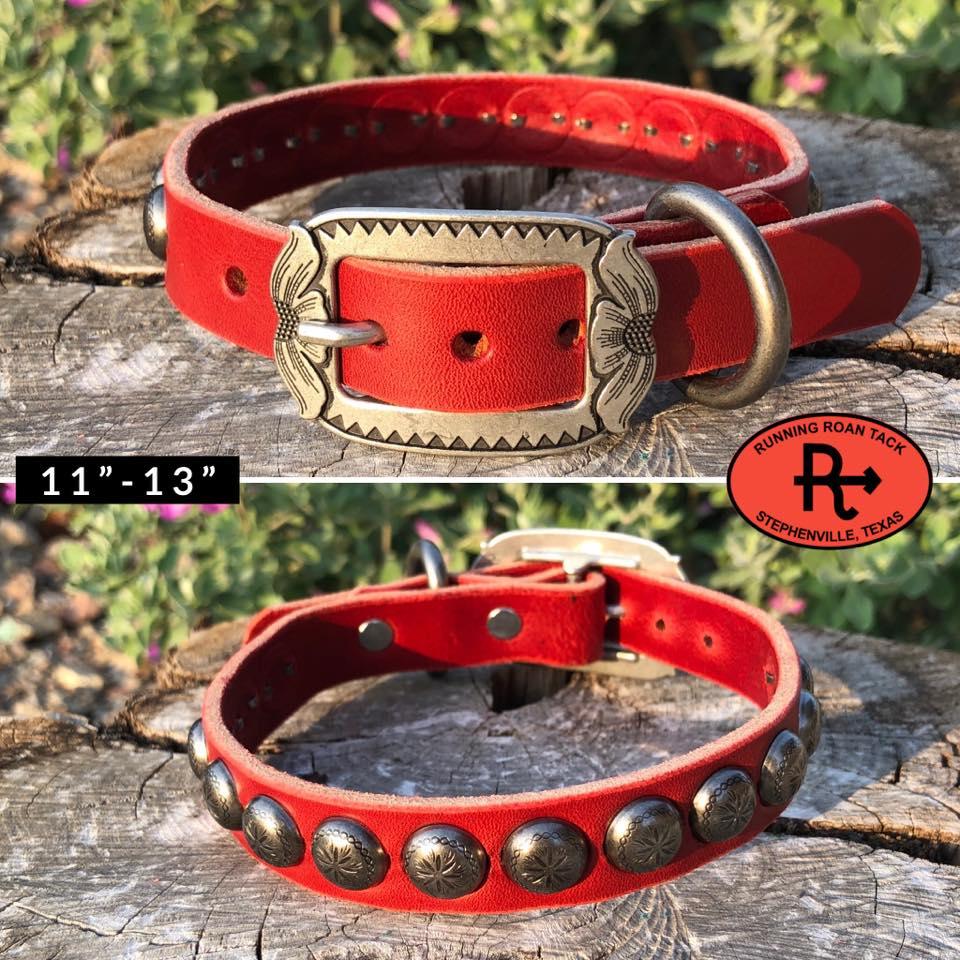 11"-13" Dog Collar 3/4" Wide Red Leather with Antique Silver Buckle and Sunburst Dots