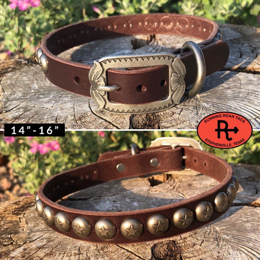 14"-16" Dog Collar 3/4" Wide Chocolate Leather with Antique Silver Buckle and Star Dots