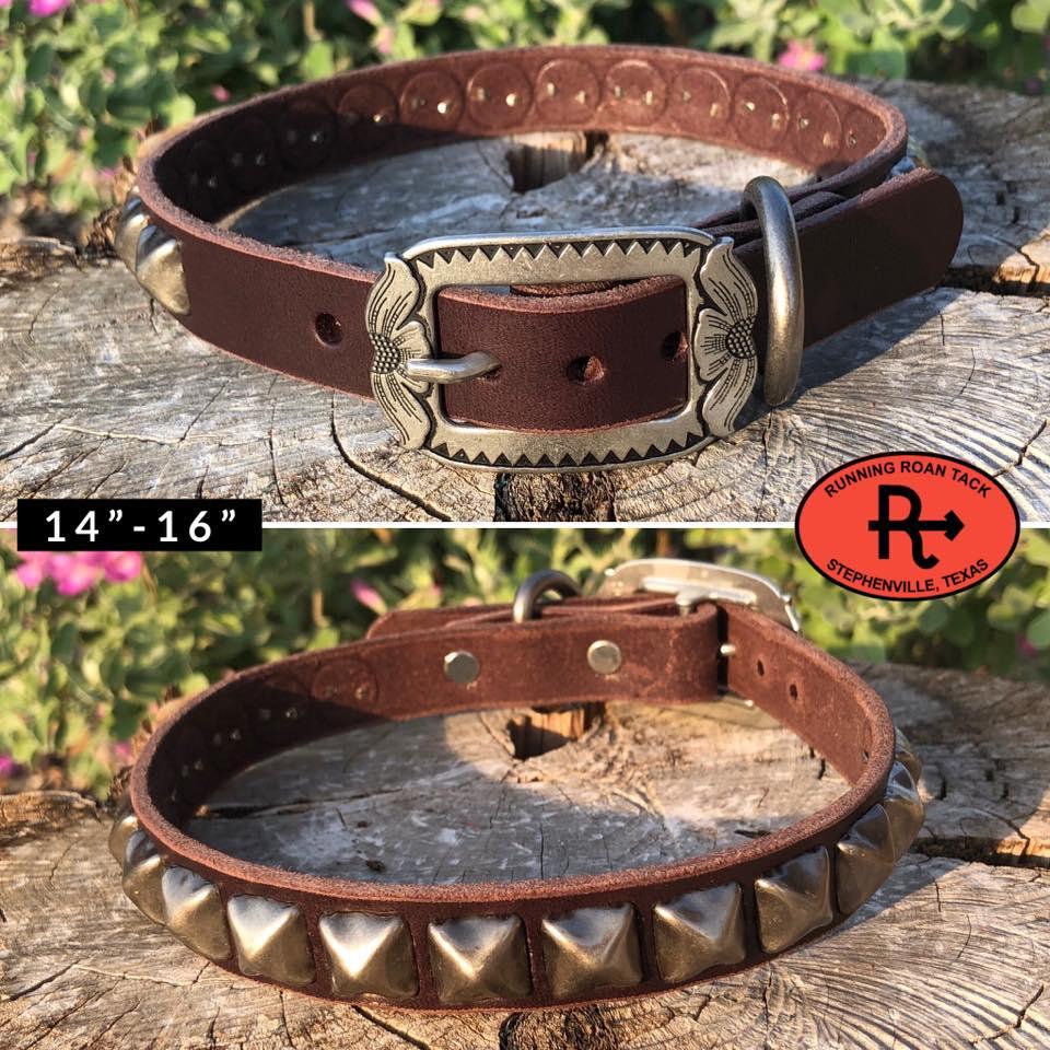 14"-16" Dog Collar 3/4" Wide Chocolate Leather with Antique Silver Buckle and Pyramid Dots