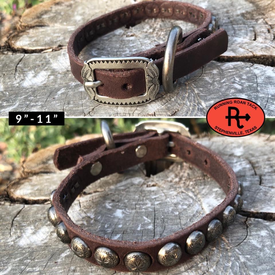 9"-11" Dog Collar 1/2" Wide Chocolate Leather with Antique Silver Buckle and Dots