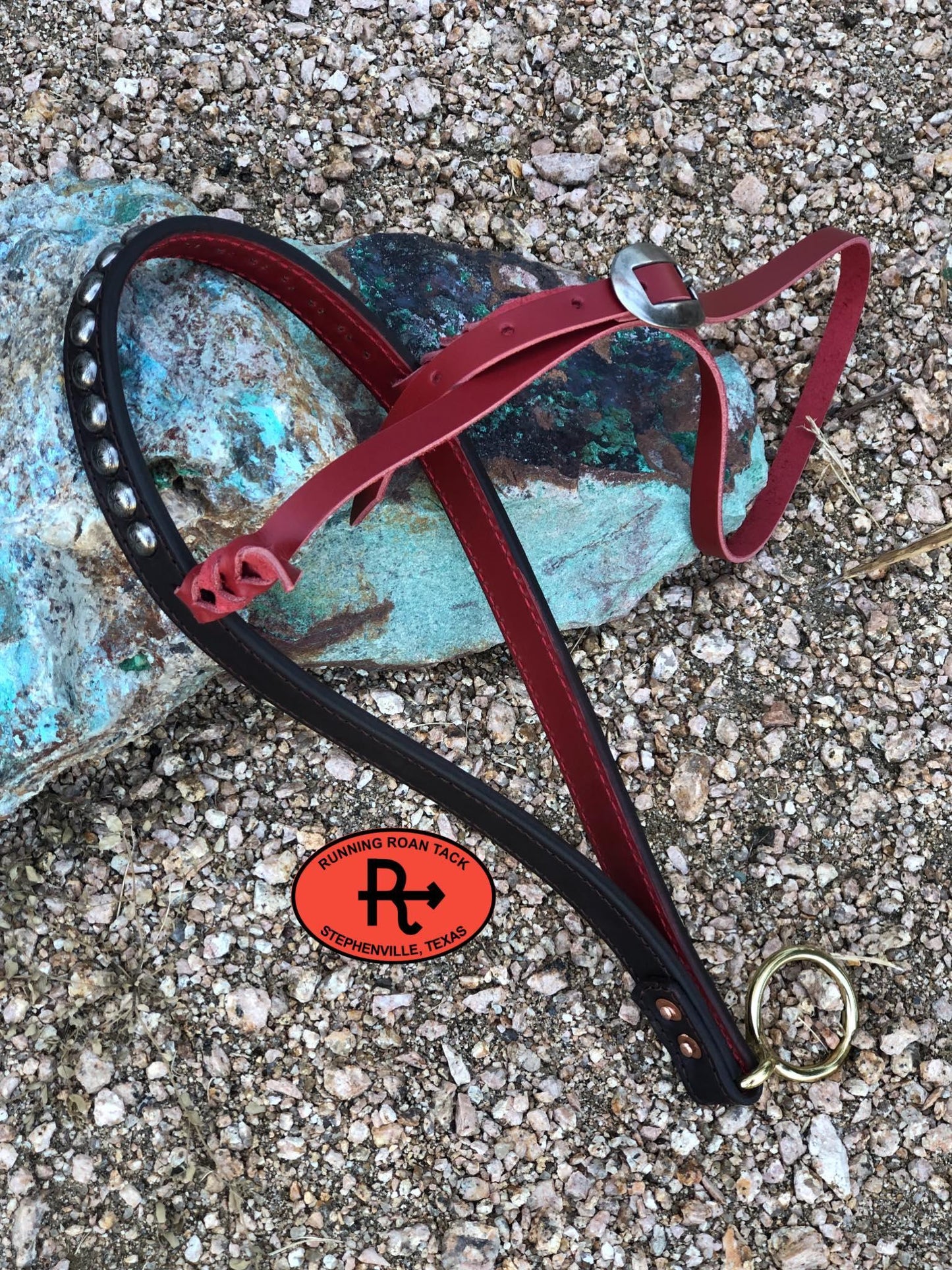 Tiedown Noseband with Red Leather Accents and Antique Silver Dots