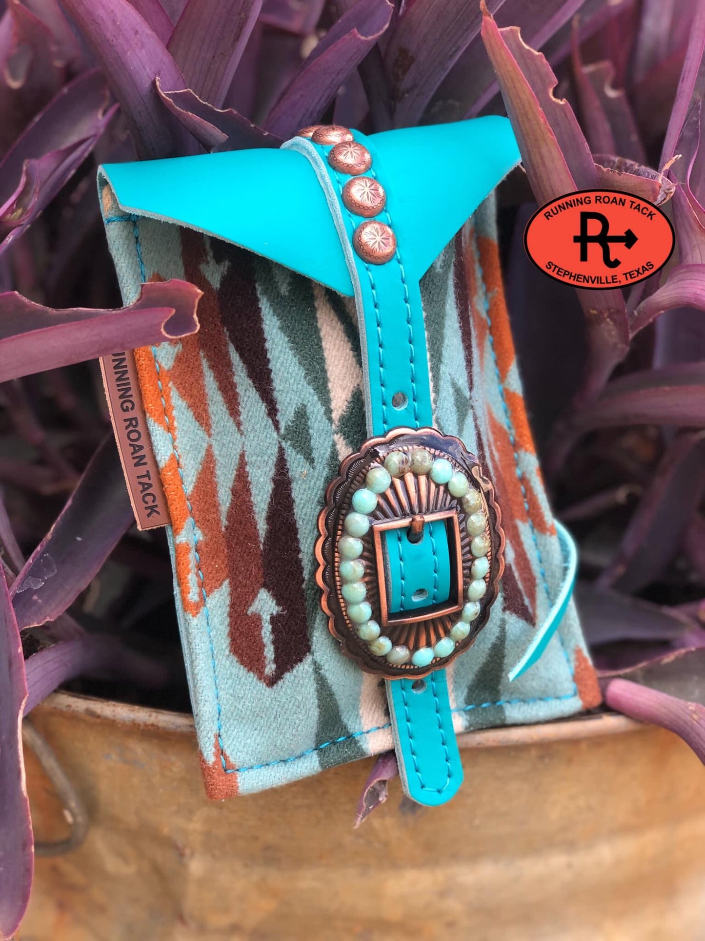 "Tucson Aqua" Wool Mini Saddle Bag in Turquoise Leather for Phone, Keys, Roping Powder, etc 2