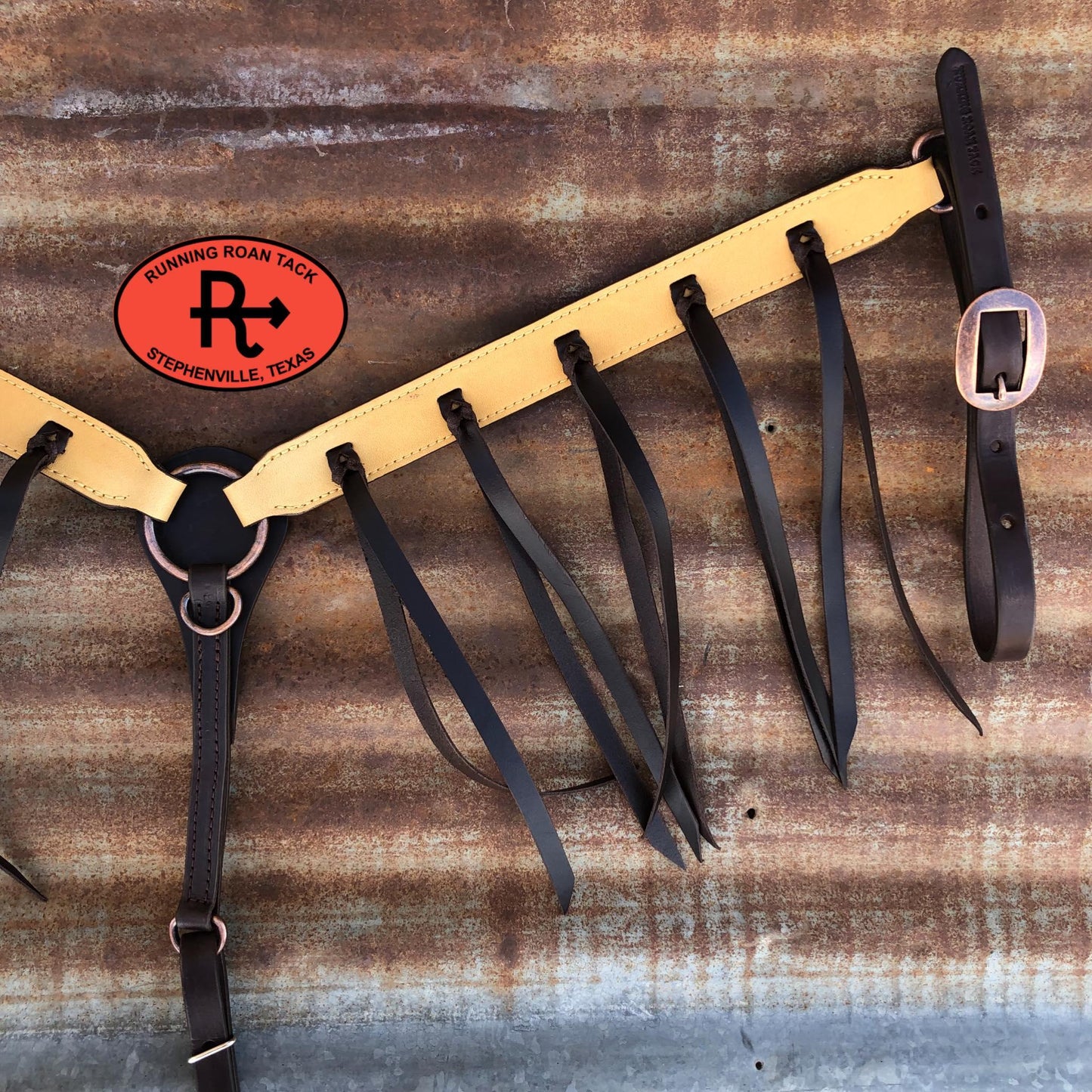 Buckskin Breast Collar with 12" Long Chocolate Fringe and Copper Hardware