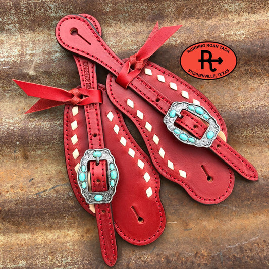 Red Spur Straps with White Natural Buckstitch