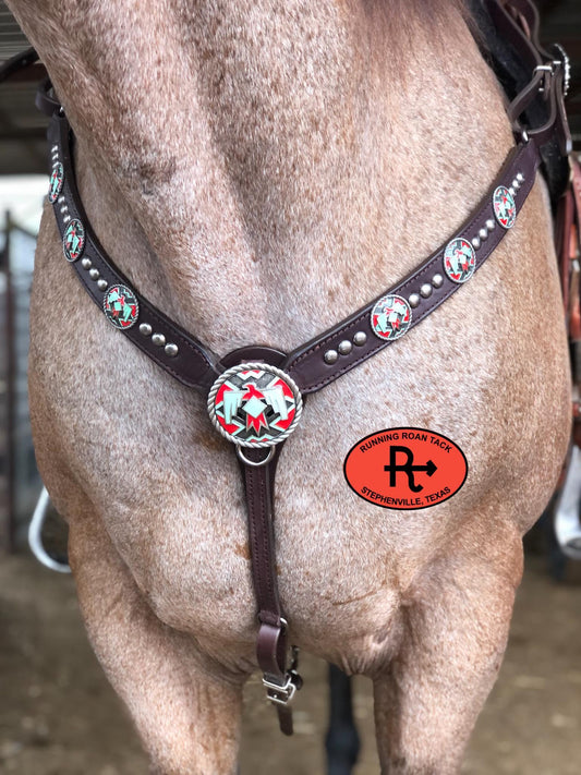 Breast Collar Loaded with Red/Mint Thunderbird Conchos