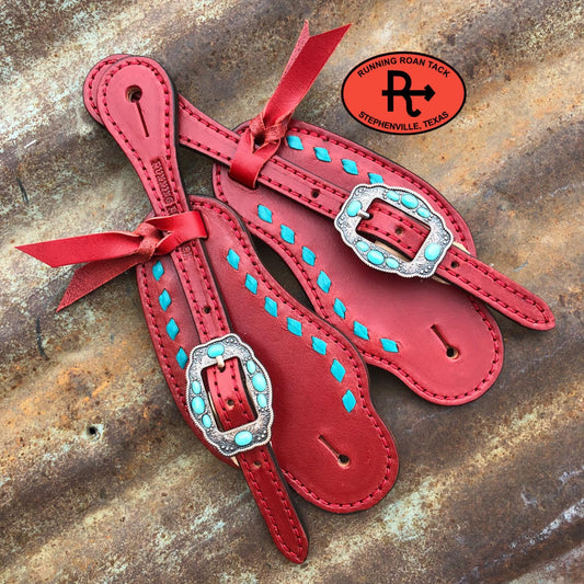 Red Spur Straps with Turquoise Buckstitch