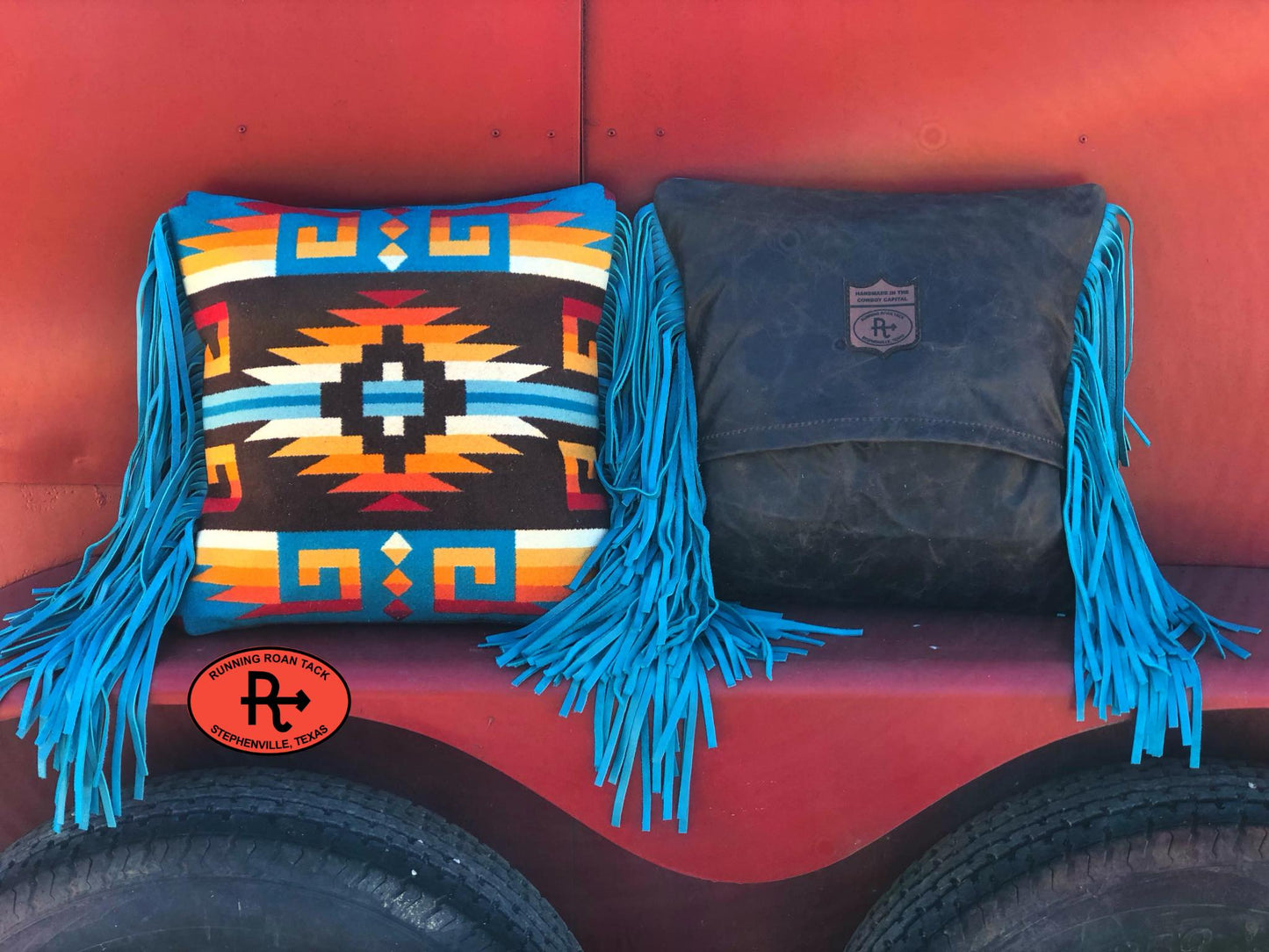 Large "Rio Rancho" Wool 18"x18" Pillow with Loads of Turquoise Leather Fringe