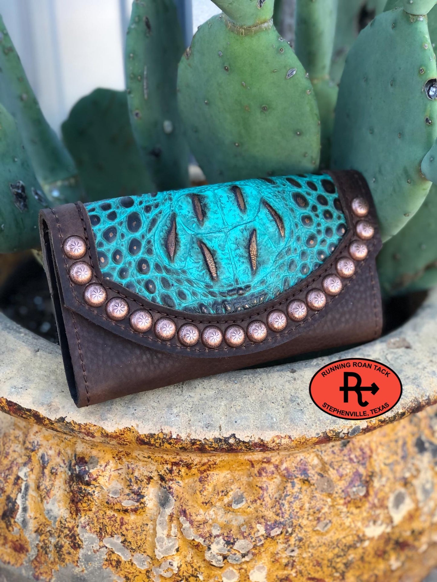 Trifold Wallet with Inlaid Turquoise/Copper Croc and Copper Dots