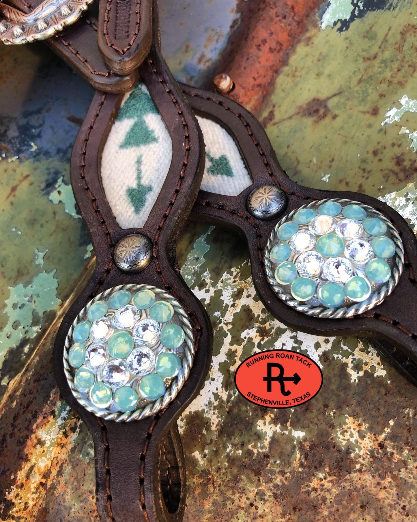 Tucson Aqua Wool Short Gag Headstall with Pacific Opal and Crystal Swarovski Bling Conchos