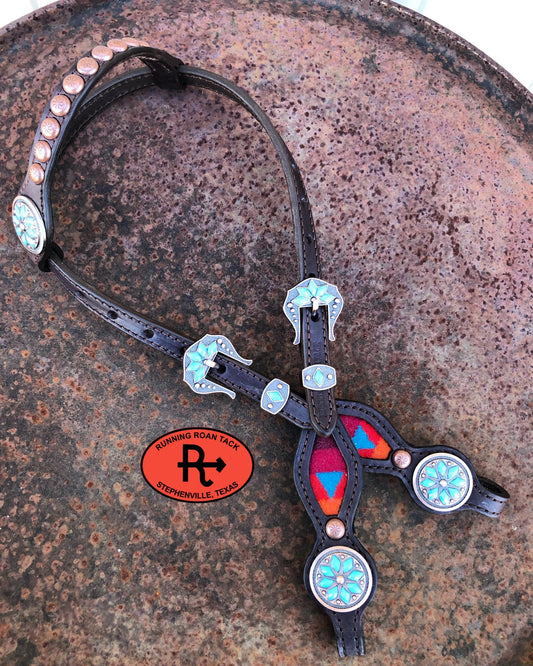 Condensed Turquoise Wool Short Gag Headstall with Copper Cactus Flower Hardware