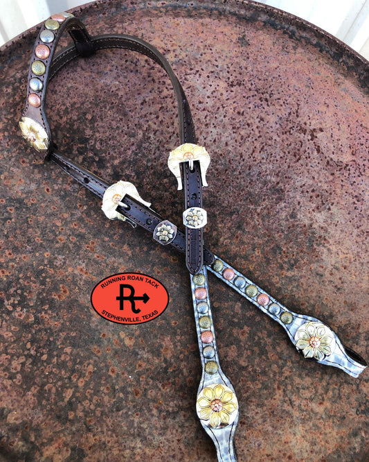 Grey Croc Standard Size Headstall with Multicolor Dots and Tricolor Floral Hardware