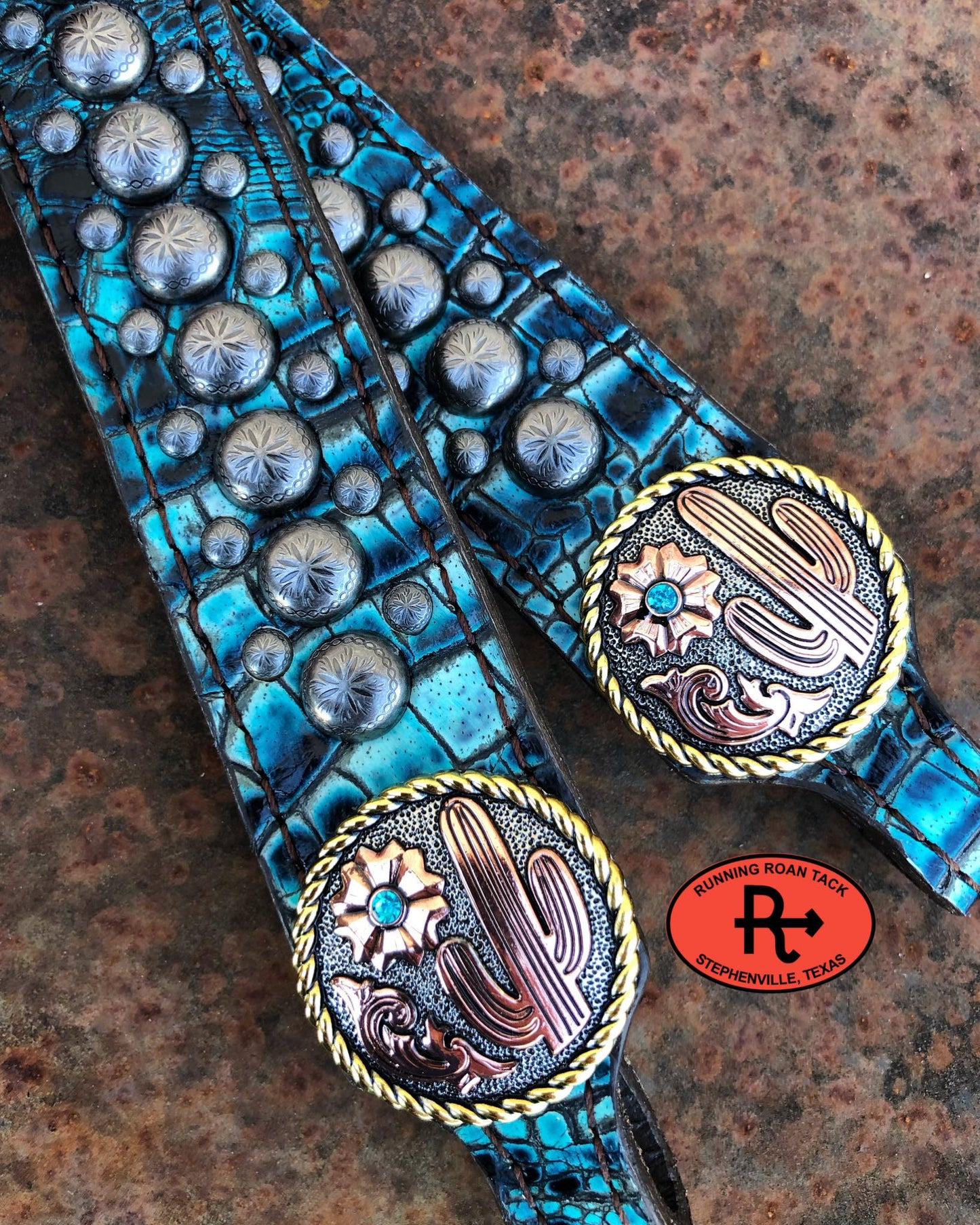 Bright Turquoise Croc Standard Size Headstall with Tricolor Desert Conchos