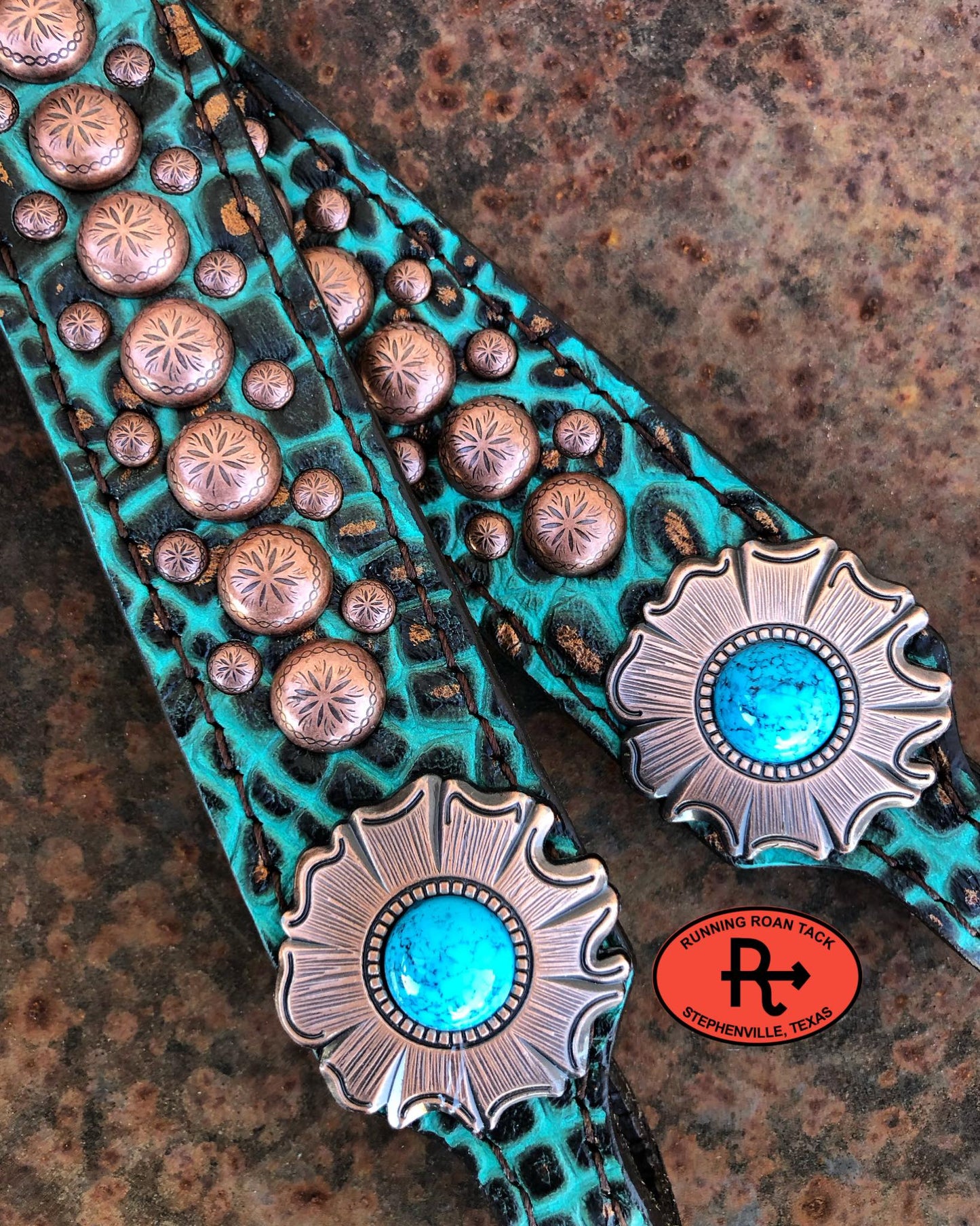 Copper Tipped Turquoise Croc Standard Size Headstall with Copper Turquoise Flower Conchos