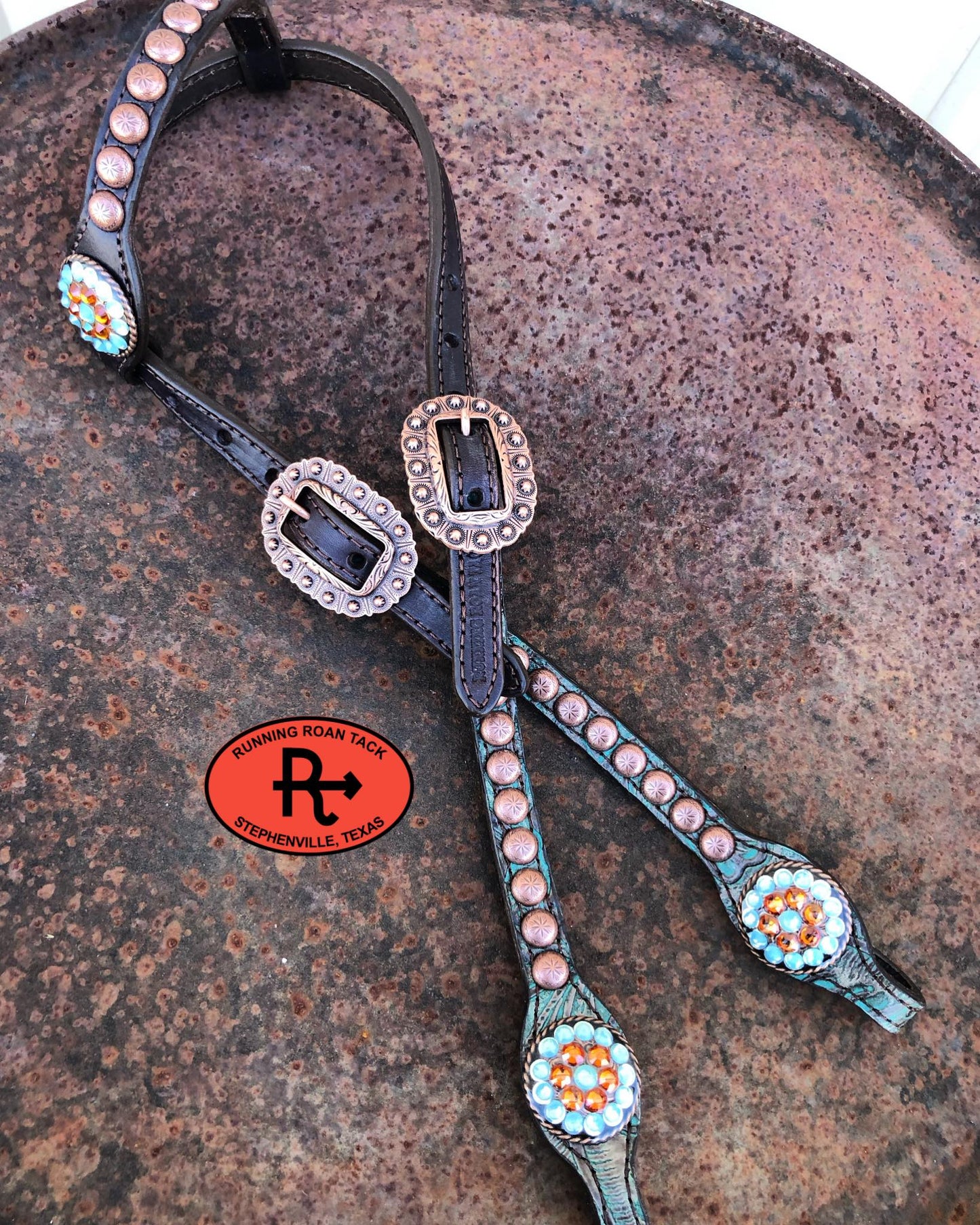 Teal Floral Standard Size Headstall with Swarovski Bling Conchos