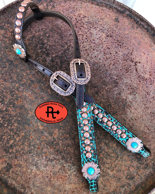 Copper Tipped Turquoise Croc Standard Size Headstall with Copper Turquoise Flower Conchos