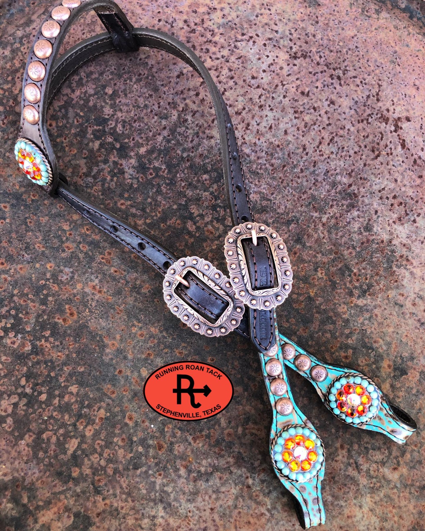 Mint Croc Short Gag Headstall with Fire Opal, Turquoise and AB Bling