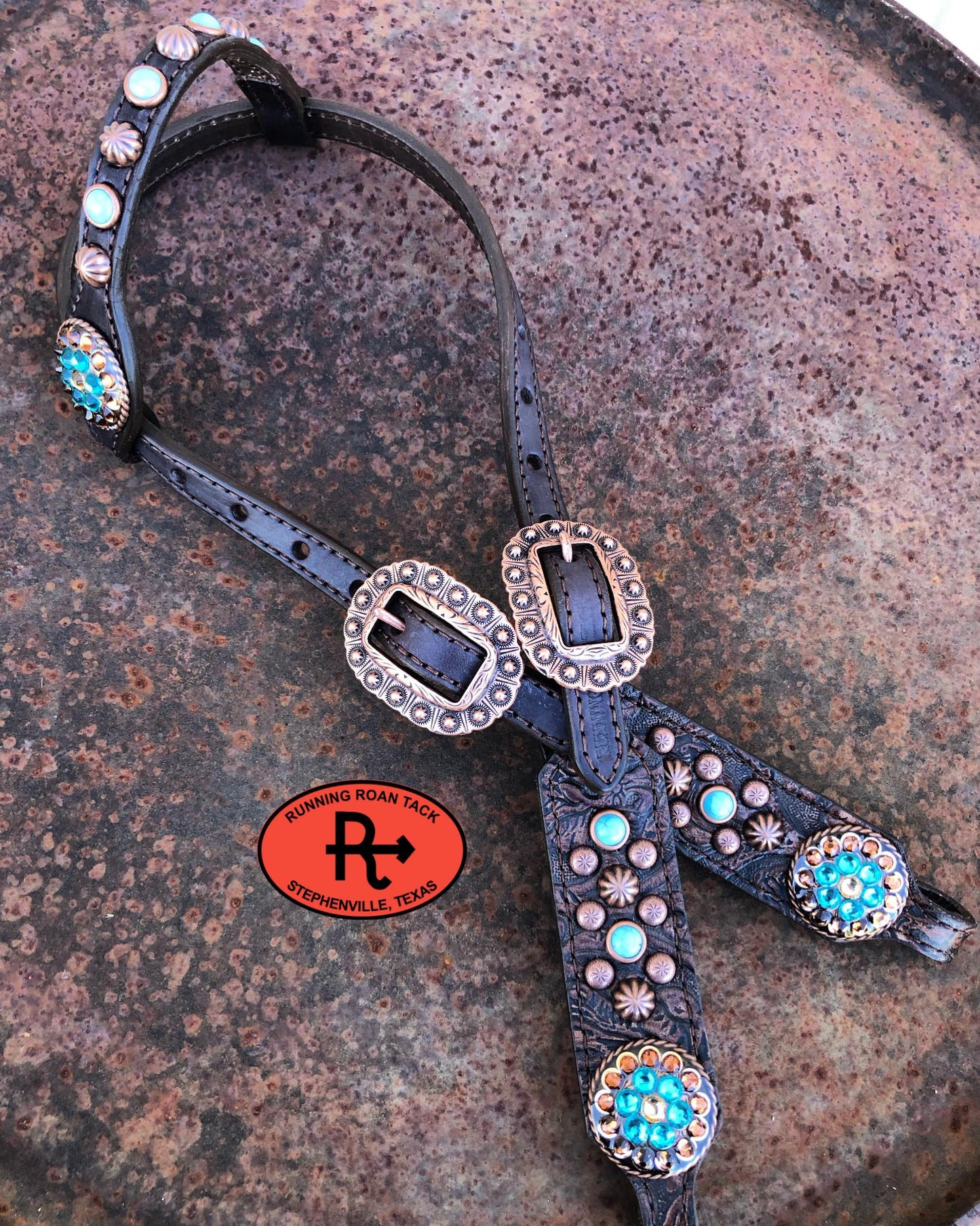 Brown Floral Short Gag Headstall with Turquoise Stones and Swarovski Bling Conchos