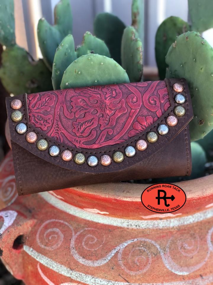 Trifold Wallet with Inlaid Red Floral Leather and Multicolor Dots