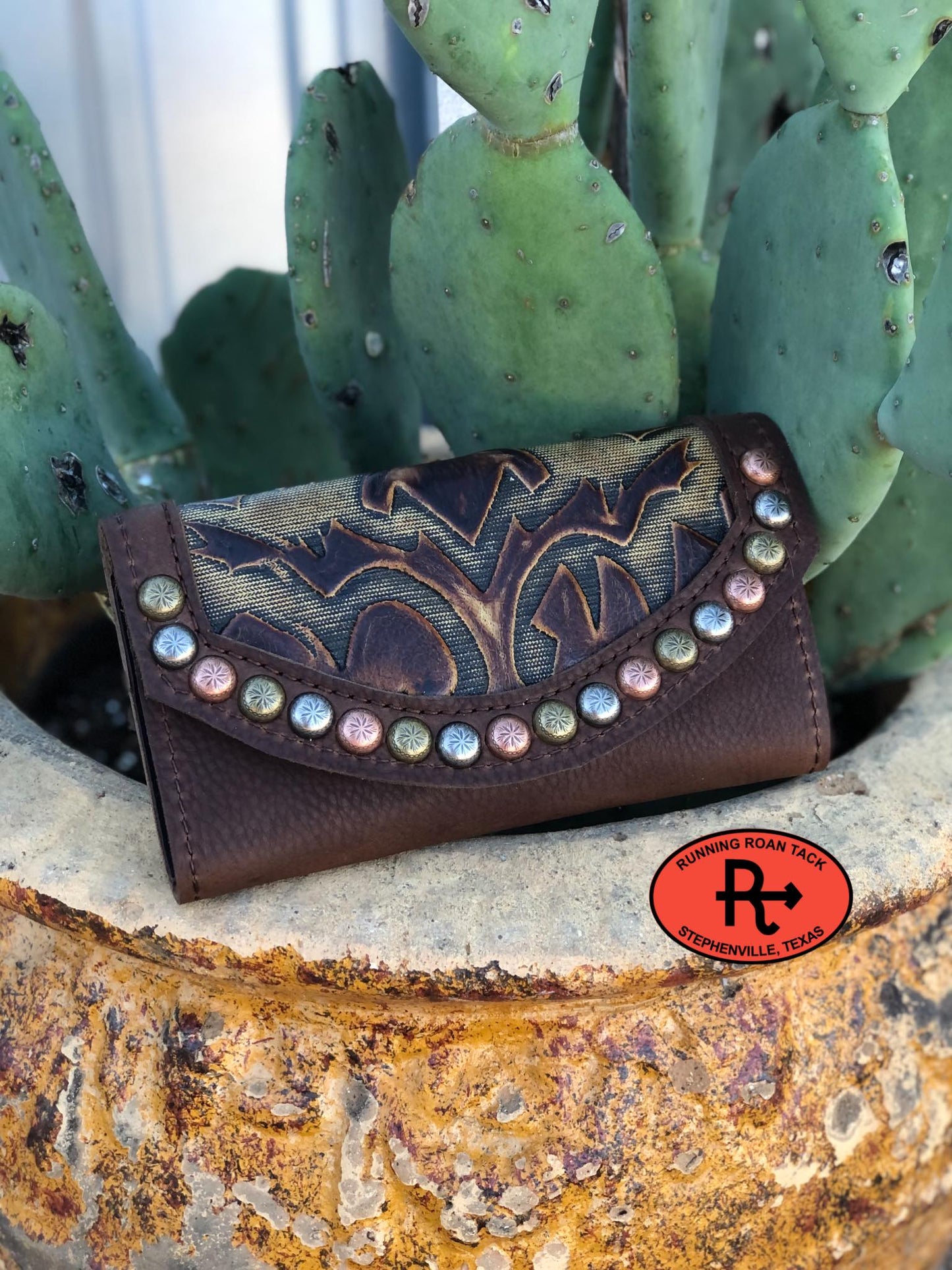 Trifold Wallet with Inlaid Sepia Boot Top Leather and Multicolor Dots