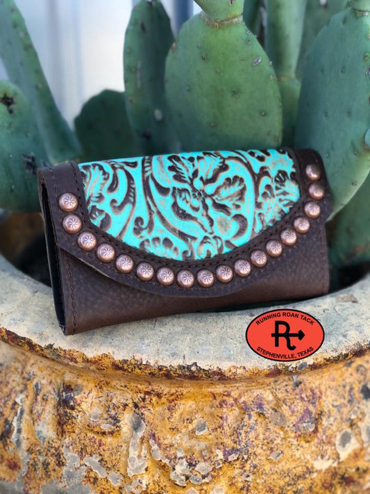 Trifold Wallet with Inlaid Turquoise Floral Leather and Copper Dots