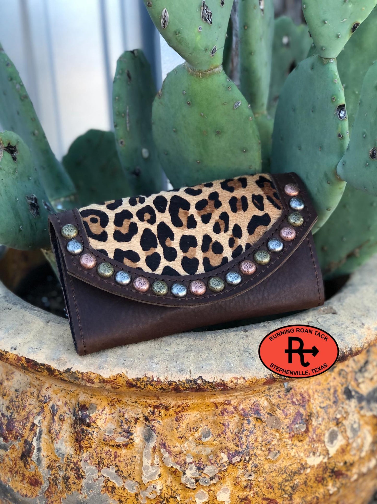 Trifold Wallet with Inlaid Leopard Hair On Cowhide and Multicolor Dots