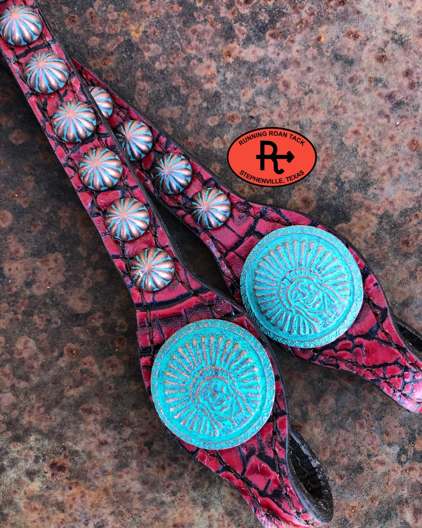 Red Croc Standard Size Headstall with Copper Patina Chief Conchos