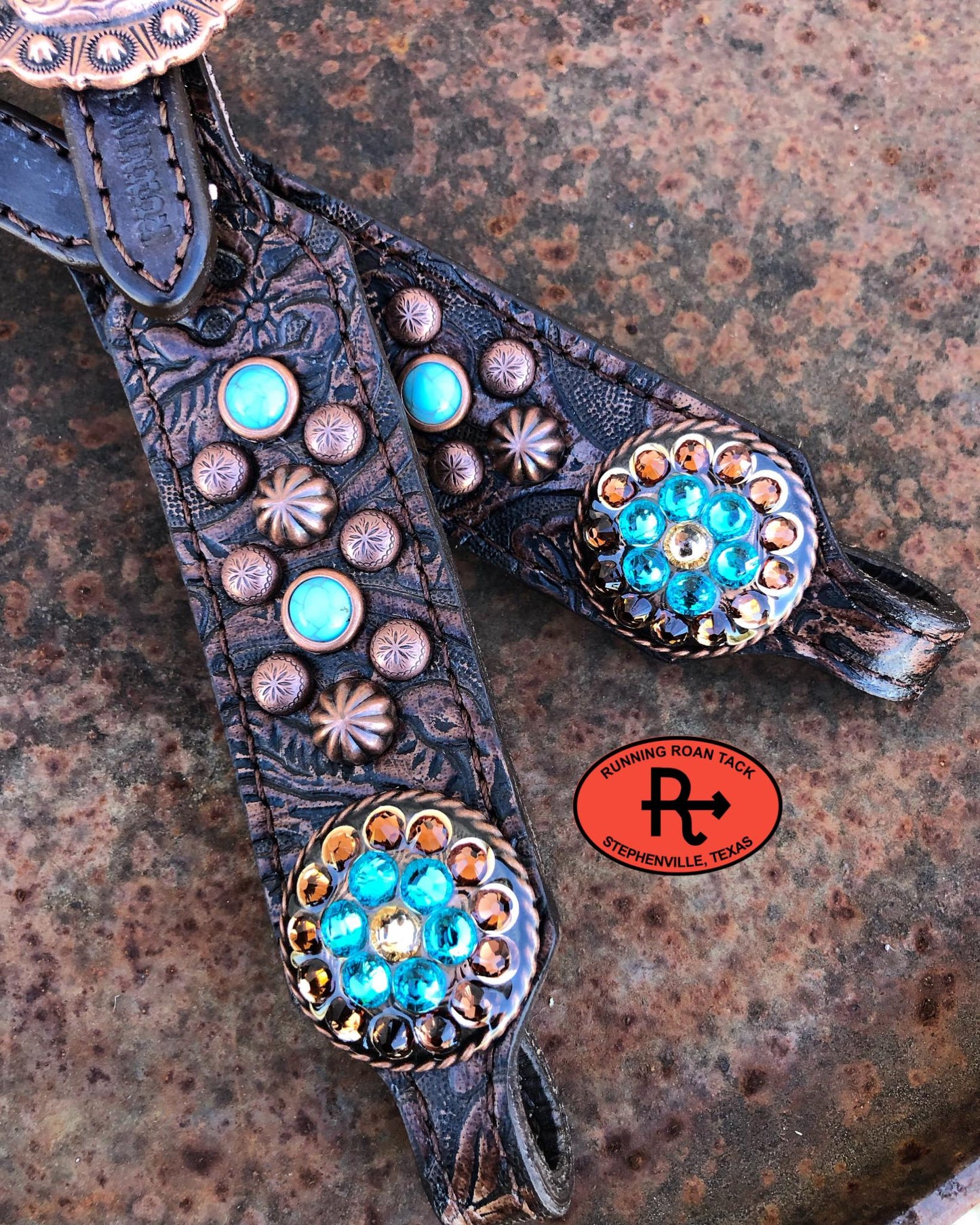 Brown Floral Short Gag Headstall with Turquoise Stones and Swarovski Bling Conchos